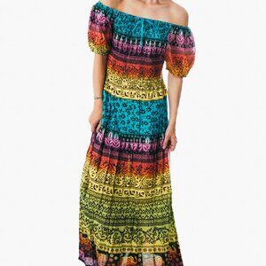Colorful peasant maxi dress short sleeve off shoulder boho summer floral tie dye